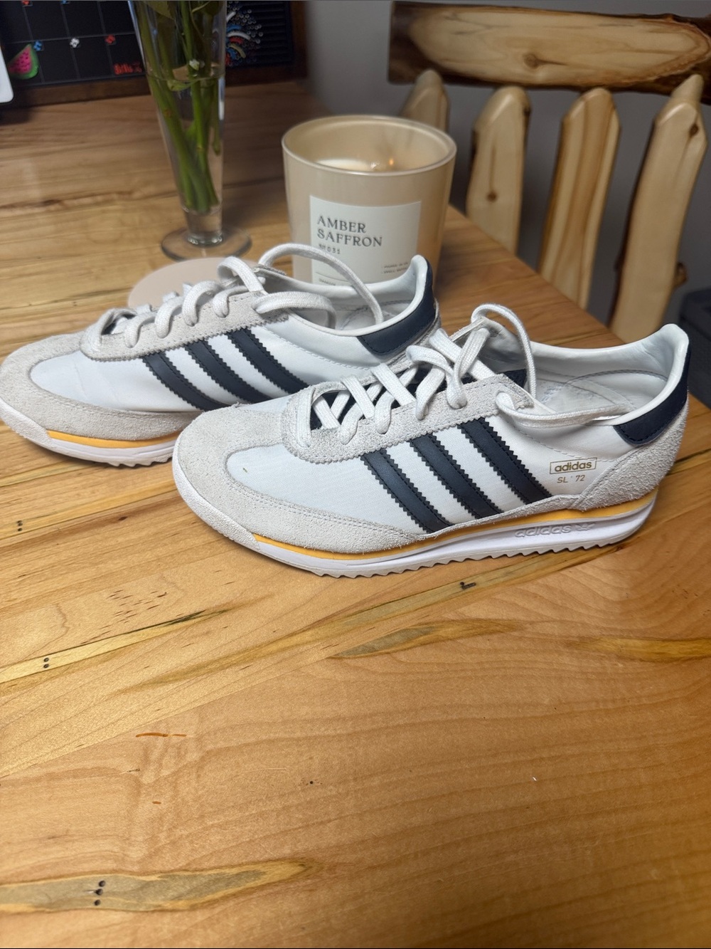 adidas SL 72 White with Black Three-Stripes and Yellow Accent
